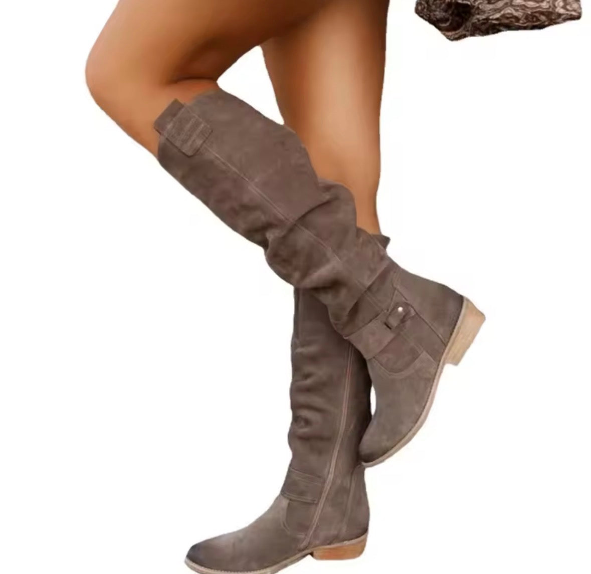 Stivali alti in pelle scamosciata con zip laterale tacco basso - Autunno Inverno