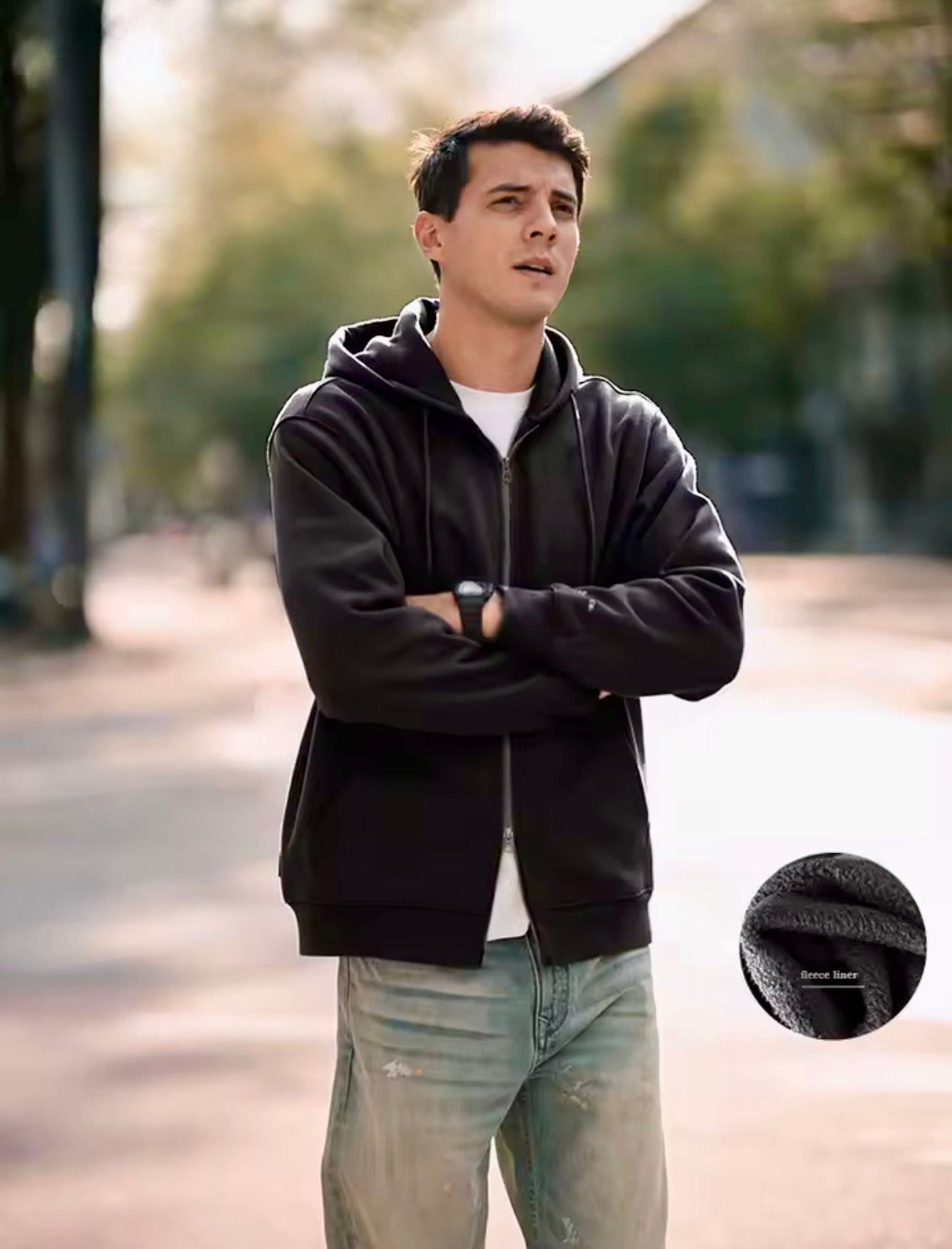 "Maglia Oversize Full Zip Piqué con Cappuccio e Fodera in Pile"